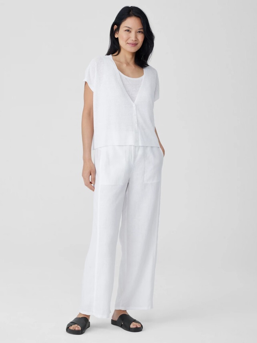 Eileen Fisher Button-Front Linen Top Deep V Neck minimalist vacation size Small